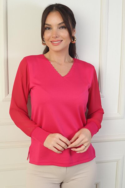 By Saygı Women's Ladder V Neck Sleeves Chiffon Sweater