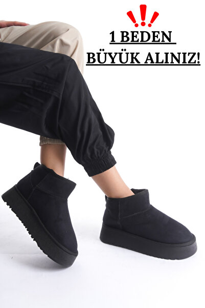 moon glow أحذية Uggy الشتوية النسائية - نعل سميك وأحذية سوداء نصف صوفية مع فر...