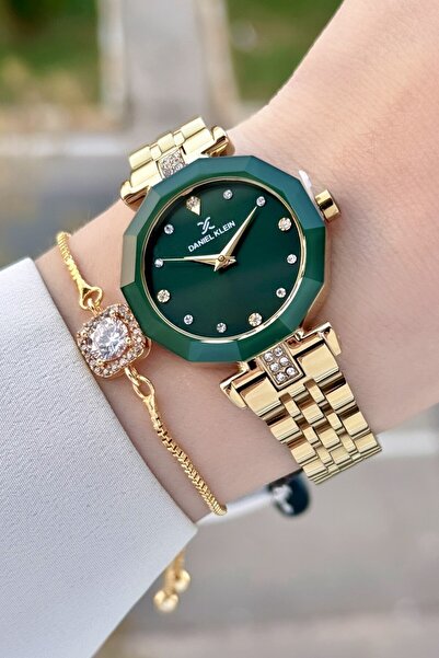 Daniel Klein Kadranı Yeşil Kordonu Gold Renk Kadın Kol Saati ve Bileklik