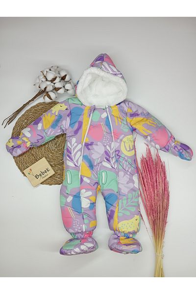MAİBELLA Winter Baby Girl and Boy Astronaut Jumpsuit - Elephant Flower Pattern, Furry Booties, Gloves, Hood