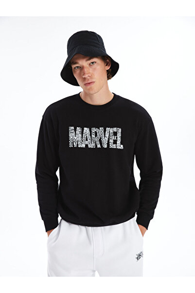 LC Waikiki Black Crew Neck Long Sleeve Printed Men's Thick Sweatshirt
