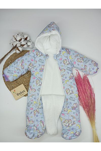 MAİBELLA Unicorn Patterned Hooded Winter Baby Rompers - Fur Inside and Booties