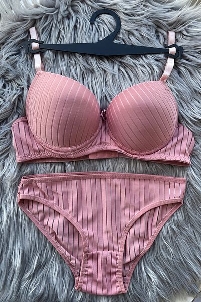 Parlé Bien Women's Pink Striped Padded 2-Piece Suede Panties Underwear Set