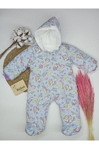 MAİBELLA Unicorn Patterned Hooded Winter Baby Rompers - Fur Inside and Booties