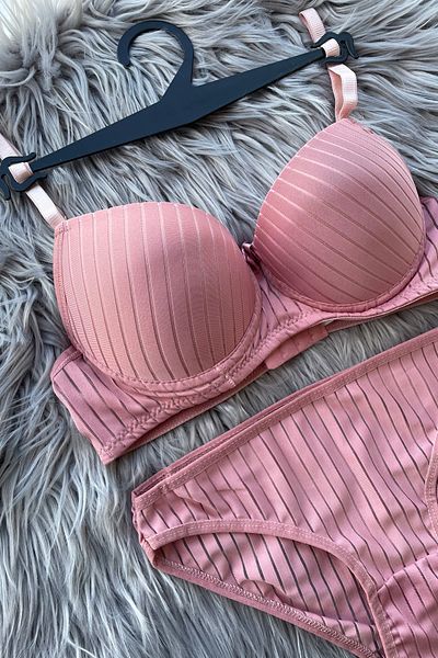 Parlé Bien Women's Pink Striped Padded 2-Piece Suede Panties Underwear Set