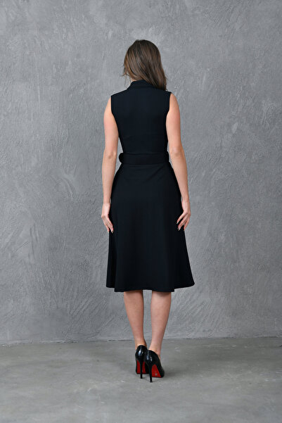 4S1B FASHION Kadın Kruvaze Ceket Yaka Kemer Detaylı Kloş Kesim Midi Boy Siyah Abiye Elbise 012