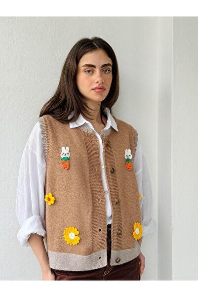 Retrobird Orange Design Embroidered Rabbit Sunflower Glitter Vest - Women