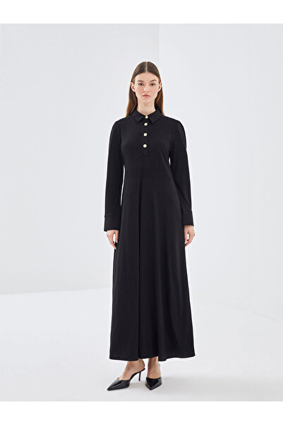 LC Waikiki LCW Modest Siyah Gömlek Yaka Kadın Elbise