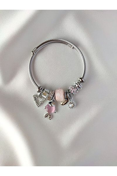 ARYA DESİGN Silver Color Pink Fish Charm Steel Bracelet