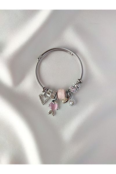 ARYA DESİGN Silver Color Pink Fish Charm Steel Bracelet