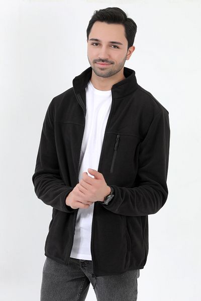 JB John Borners Men's Stand Collar Fleece Black Pocket Detailed Zippered Soft Textured - 6019