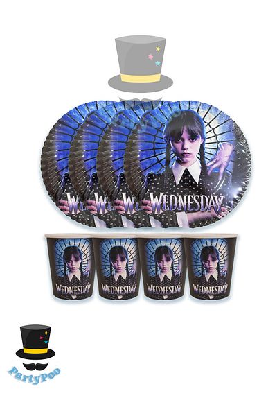 PartyPoo Wednesday Themed Set of 8 Plates and Cups |   Birthday Party Ornament and Decoration