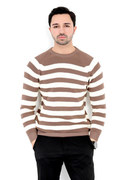 JB John Borners Ανδρικό πλεκτό πουλόβερ - Καφέ ριγέ, Σελάνικα Crew Neck, Ριμπ - 2008