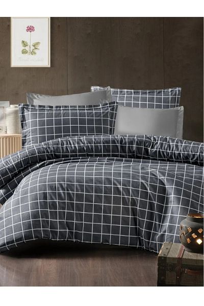 GARDEN ROOM Square Patterned Black - Anthracite Duvet Cover Set, Elastic Double