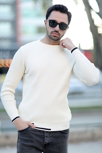 JB John Borners Ecru Men's Knitwear Sweater - Crew Neck, Knitted Pattern, Rib Stripe - 2006