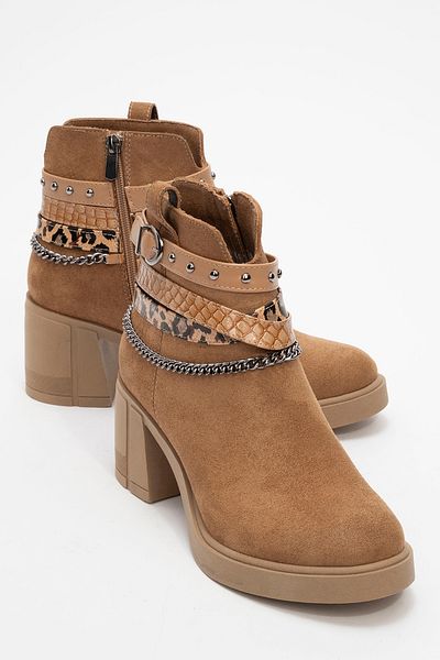 LuviShoes Γυναικείες μπότες με χοντρό τακούνι BOLİVA Tan Suede Arched Chain
