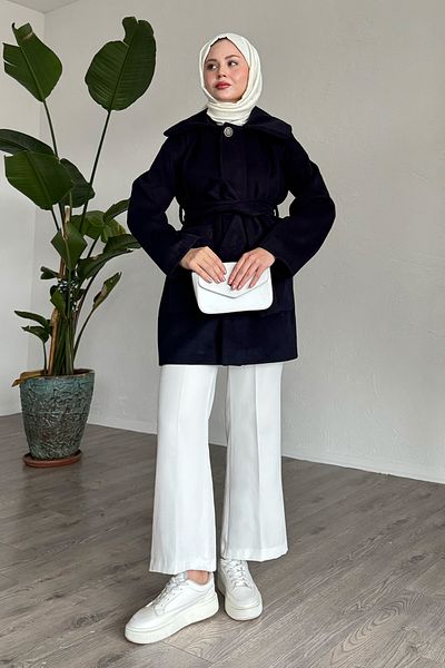 InStyle Button Detailed Lined Navy Blue Short Coat