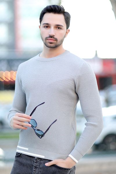 JB John Borners Men's Gray Knitwear Sweater - Crew Neck, Knitted Pattern, Rib Stripe Detail - 2006