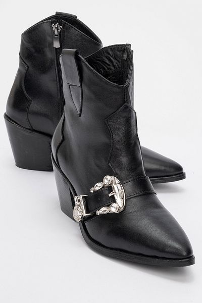 LuviShoes Γυναικείες μπότες με τακούνι ANY Black Skin Stone από γνήσιο δέρμα
