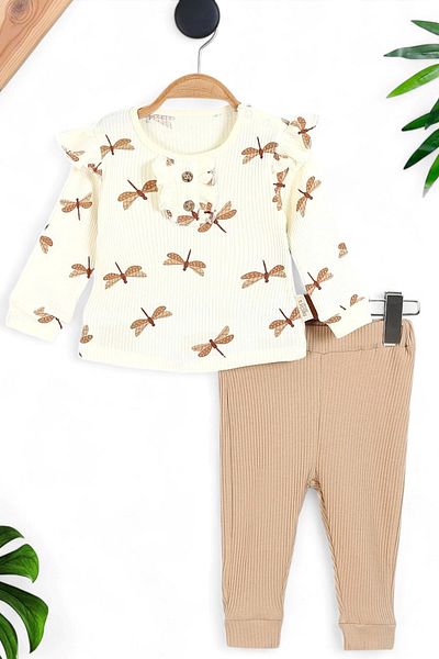 Egelite Baby Girl 2-Piece Set with Dragonfly Print - Ribbed and Ribbed Fabric with Leggings, Seasonal 6-24 Months