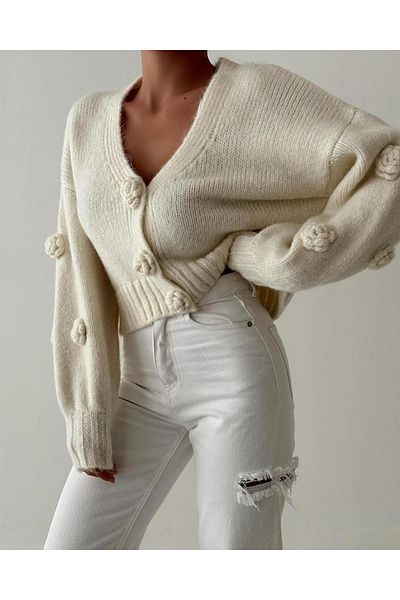 FASHION COCKTAIL Ecru Women's Rose Floral Print Puff Sleeve Crop Cardigan - Wool and Balloon Sleeve, Lycra Youth Seasonal Winter