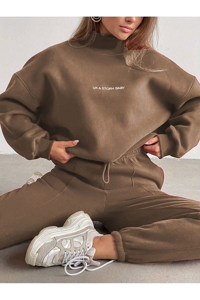 Know Women's 3 Thread Milk Coffee Storm Baby Print Bottom Top Tracksuit Set