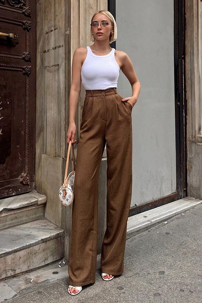 Swist Palazzo-Hose aus Leinen für Damen – Braune Aura, Taschen und elastische Taille
