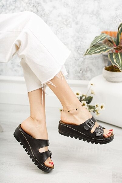 Apella Women's Slippers Black Buckled Full Orthopedic Comfortable Slippers Soft Comfortable Showy