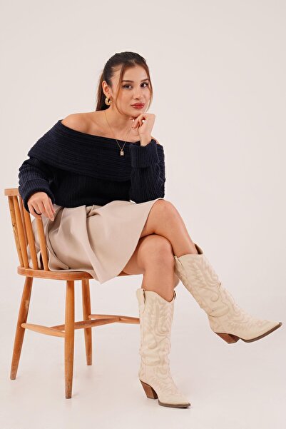 Hipo Trend Pulover tricotat cu guler Madonna decoltat pe umăr, albastru închis