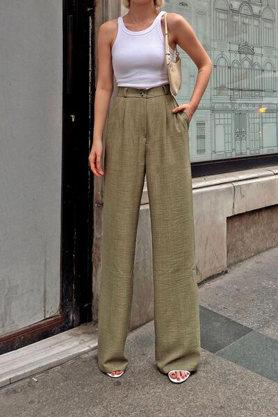Swist Linen Palazzo Trousers - Khaki Aura, Women's Cut with Elastic Waist and Pockets