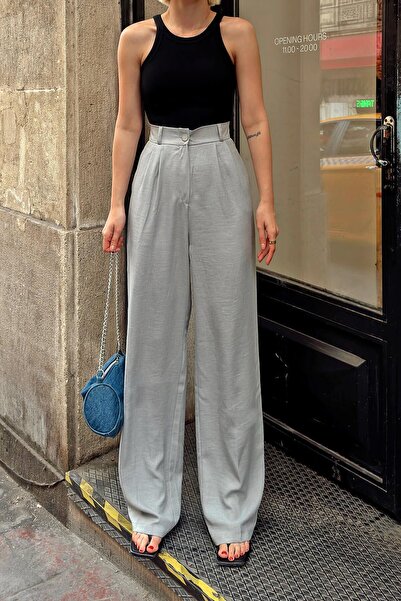 Swist Gri Aura Beli Lastikli Cepli Palazzo Kadın Keten Pantolon