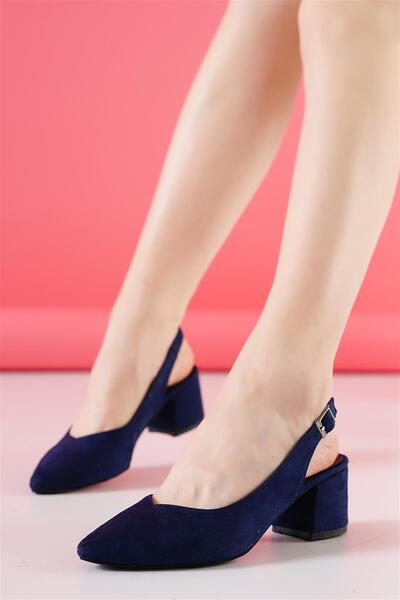Aymood Larcivert Süet Kadın Şık Günlük Rahat Kısa Topuklu Ayakkabı Arkası Açık Topuk Boyu 5cm