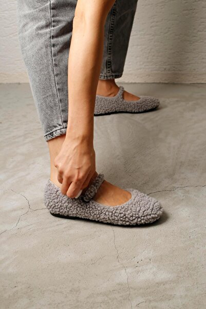 Beyond Women's Gray Mary Jane Teddy Plush Single Strap Daily Ballerina Ballerina Byndmj01