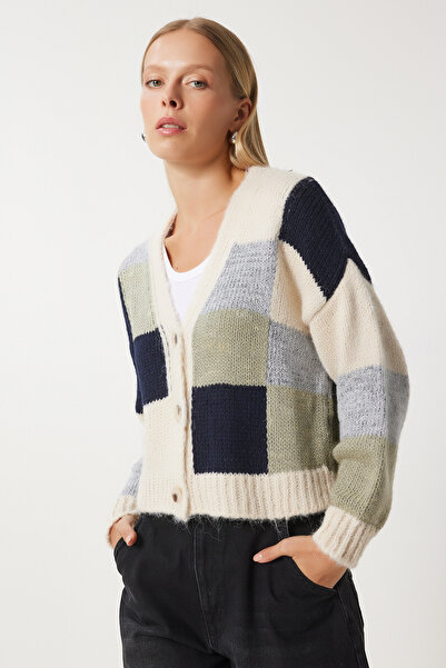 RECEP AYDIN Women's Cream Khaki V-Neck Buttoned Knitwear Cardigan