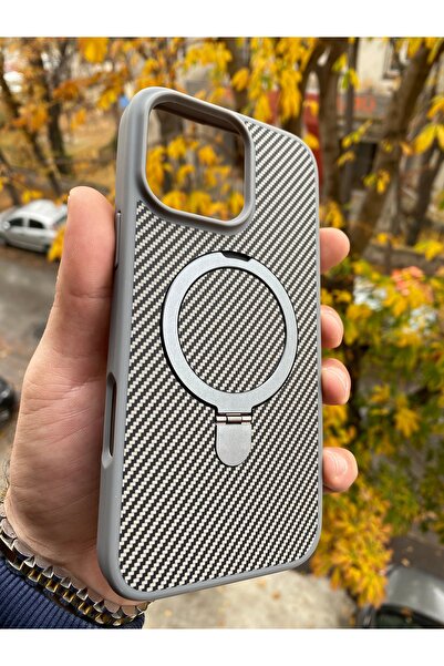 Posso Apple İphone 16 Pro Max Uyumlu Kılıf Karbon Fiber İşlemeli Tasarım Metal Magsafe Stand Özellik Case
