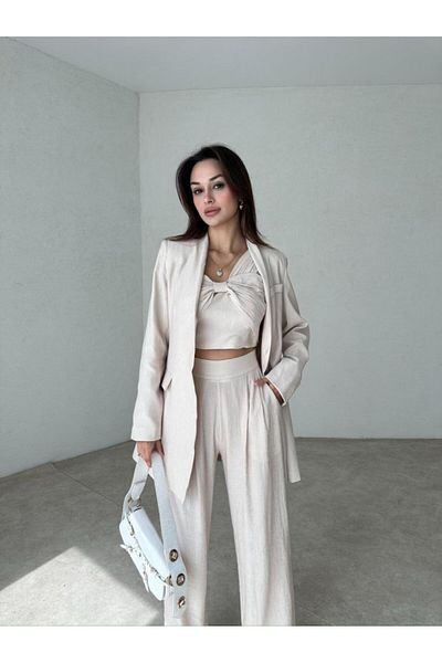 Rabia Çelik Women's Beige Bustier Pants Jacket Top and Bottom Set