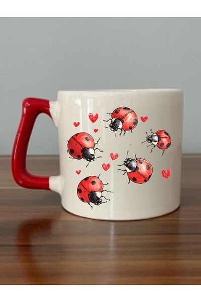 lili hediyelik Heart Ladybug Printed Red Heart Mug Cup Birthday Gift