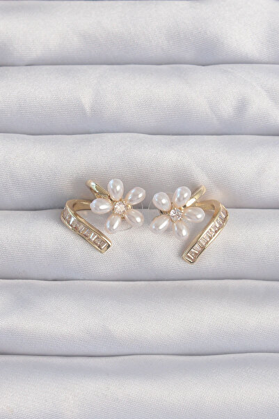 Epilons Brass Gold Color Zircon Stone Curved Pearl Flower Earrings - Tj-Bkp92...