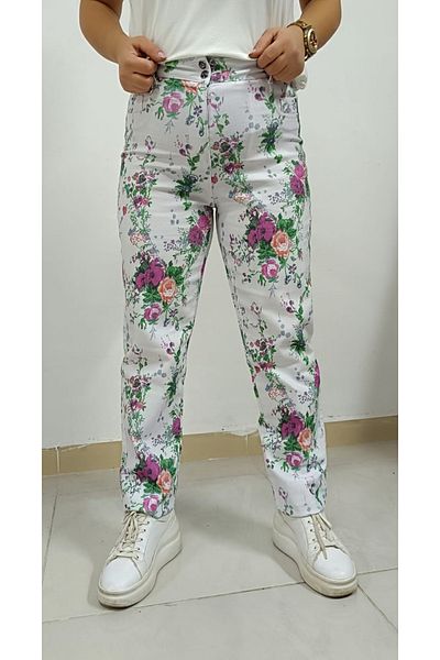 AKŞEN GİYİM Plus Size Women's Summer Cotton Linen - Pipe Leg Floral Patterned Trousers