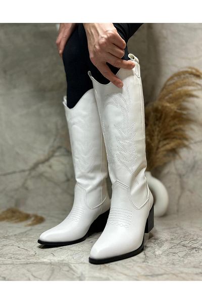 POTEEN Ptn Duppy Γυναικείες μπότες Western Cowboy Κεντημένες άνετες μπότες - Λευκές