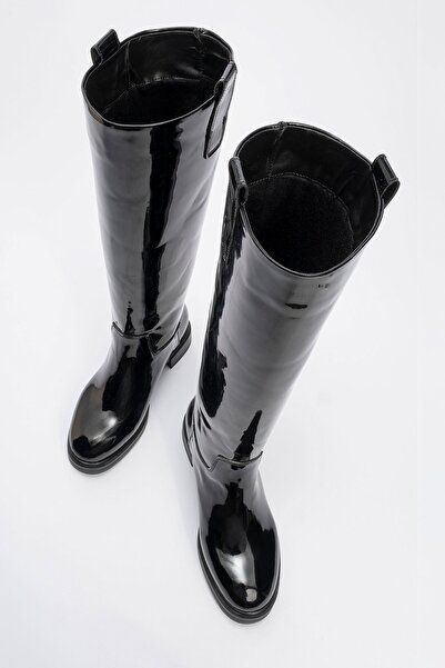 LuviShoes Dámské jezdecké boty z černé lakované kůže Alaska