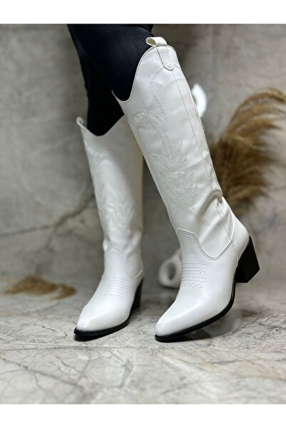 POTEEN Duppy Жіночі чоботи Western Ковбойські з вишивкою Повна форма Зручні P300-Білі