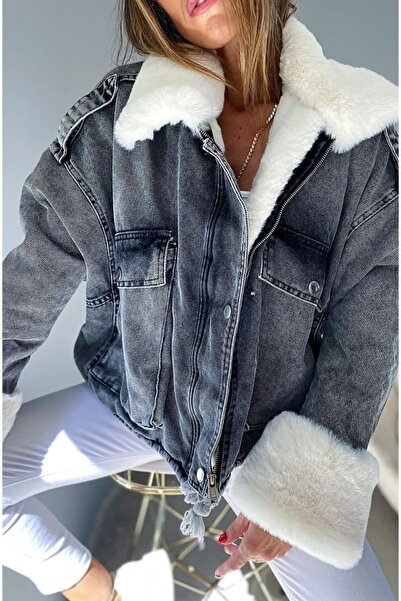 Lady Pixie Dámský chlupatý džínový dámský kabát