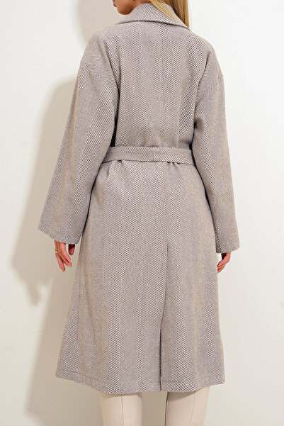 VAGGON Beige Women's Coat - Double Pocket, Unlined, Belted Stamp Prmx12511