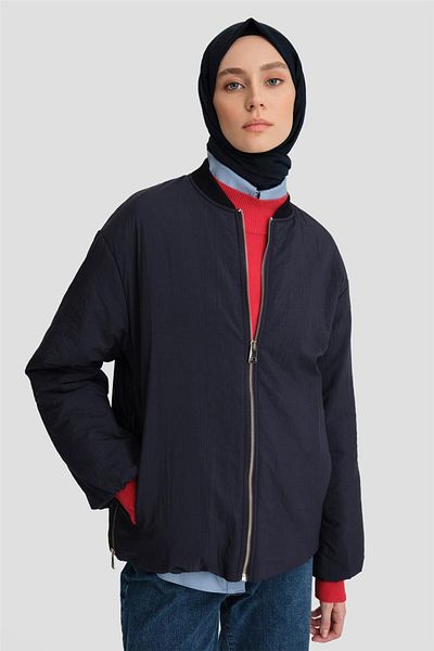 Armine Μπλέ μπλέ γιακά Ribbed Bomber Coat - 24kd7522