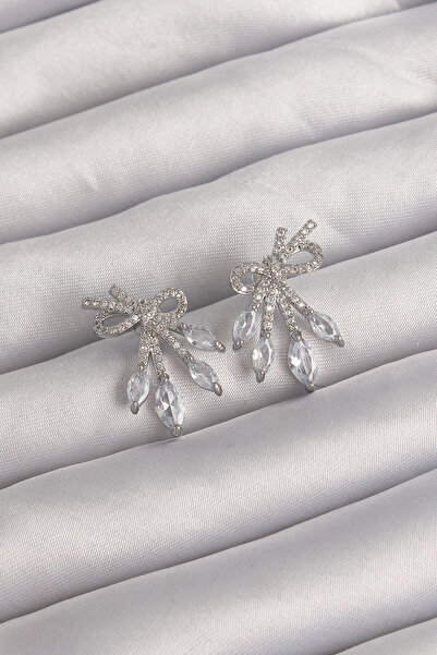 Epilons أقراط على شكل فيونكة من النحاس الفضي اللون مع حجر الزركون - TJ-BKP929...