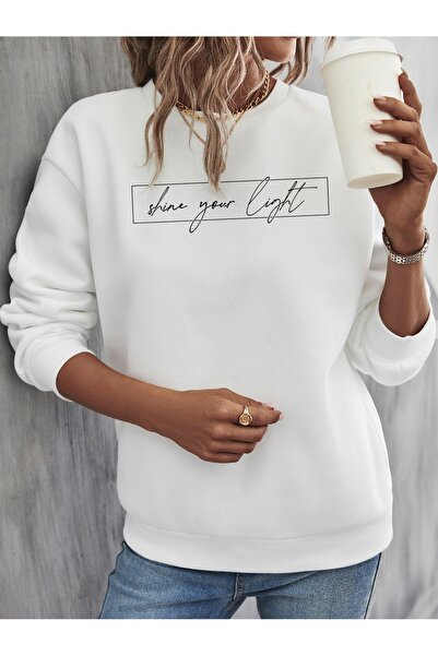 Deocept Бяла дамска суитшърт с принт „Shine Your Light“ и велосипедна яка