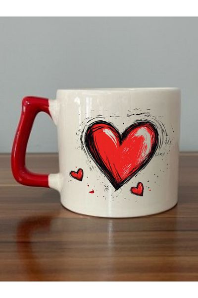 lili hediyelik Heart Printed Red Handle Mug Cup Birthday Gift - Mother Father Gift