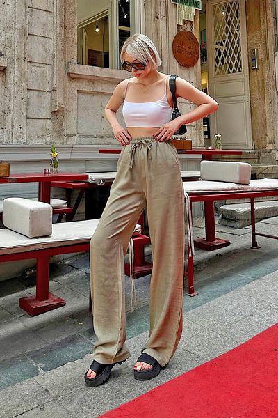 Swist Locker geschnittene Khaki-Leinen-Misch-Hose für Damen