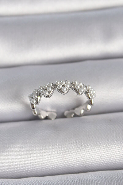 Epilons خاتم نسائي من النحاس الفضي قابل للتعديل على شكل قلب مرصع باللؤلؤ - TJ...